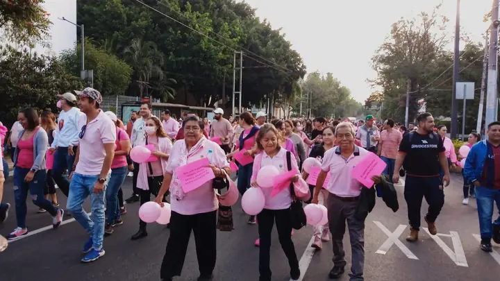 Caminata rosa: voluntarias y participantes con playeras rosas, globos y carteles caminan por la calle
